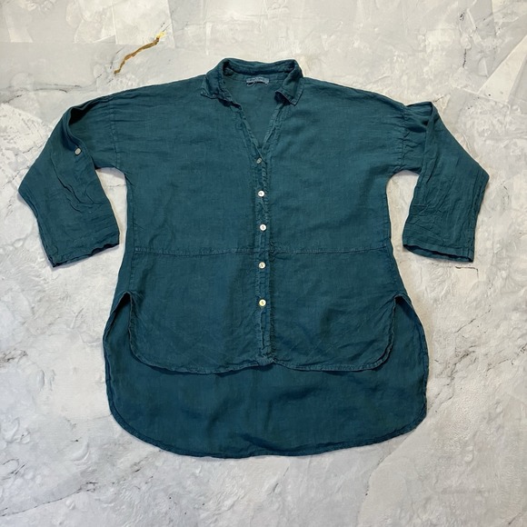 Mep Meli Linen Shirt Womens Sz Medium Button Up Roll Tab Sleeve Lagoon lock - Picture 1 of 6